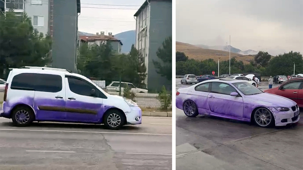 Tır dorsesinden yola boya döküldü: Arkadan gelen araçlar mora boyandı
