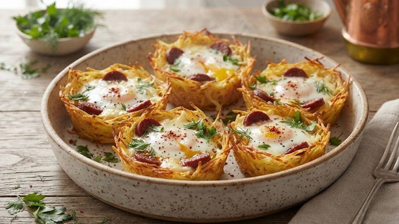 Güne enerji dolu bir başlangıç: Patates yatağında fırında kaşarlı ve sucuklu yumurta